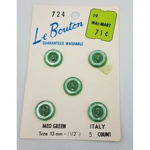 VTG Le Bouton #724 Round Buttons Med Green ‎ 1 Card  35Buttons Retro Look  13mm